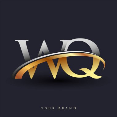 WQ 'nun ilk logo şirketi adı, beyaz arka planda izole edilmiş renkli altın ve gümüş rengi Swoosh tasarımı. iş ve şirket kimliği için vektör logosu.