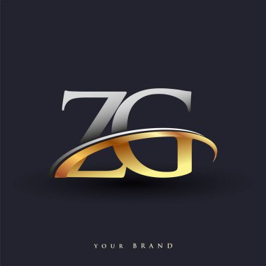 ZG 'nin ilk logo şirketi adı, beyaz arka planda izole edilmiş altın ve gümüş rengi Swoosh tasarımı. iş ve şirket kimliği için vektör logosu.