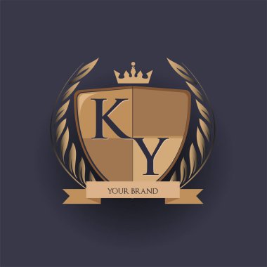 İlk harf KY logotip kahverengi ve altın rengi. Kalkan, taç ve defne tasarımı, kolej ve spor kulübü logosu..
