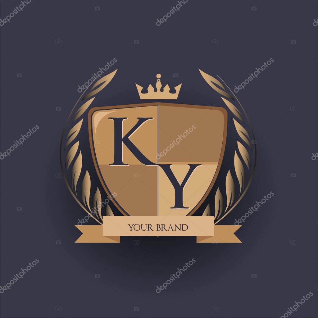 Initial letter KY logotype colored brown and gold isolated with shield, crown and laurel design, logo for college and sport club.