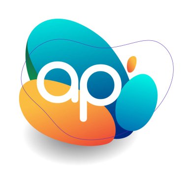 Renkli sıçrama geçmişi olan AP harfi logosu, yaratıcı endüstri, web, iş ve şirket için harf kombinasyonu tasarımı.