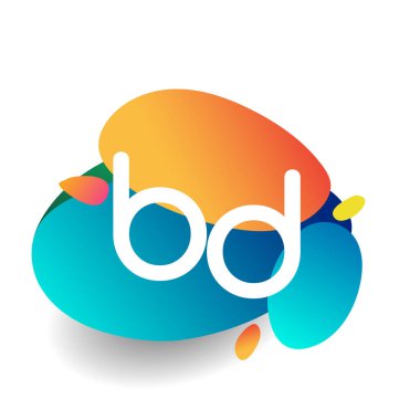 Renkli sıçrama geçmişi olan BD harfi logosu, yaratıcı endüstri, web, iş ve şirket için harf kombinasyonu tasarımı.