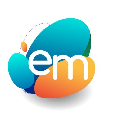 Renkli sıçrama arkaplanı olan EM logosu, yaratıcı endüstri, web, iş ve şirket için harf kombinasyonu tasarımı.