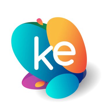 Renkli sıçrama arkaplanı olan KE harfi logosu, yaratıcı endüstri, web, iş ve şirket için harf kombinasyonu tasarımı.