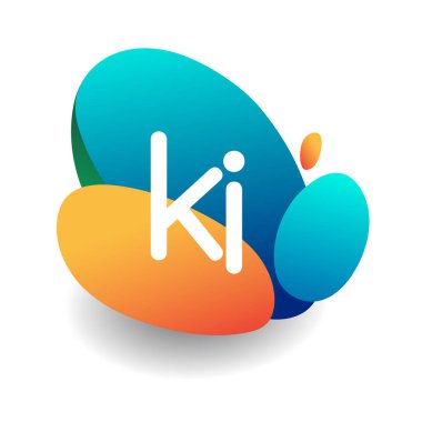 Renkli sıçrama geçmişi olan KI logosu, yaratıcı endüstri, web, iş ve şirket için harf kombinasyonu tasarımı.