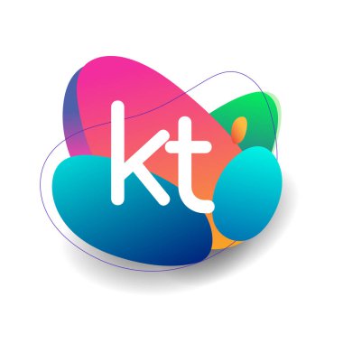 Renkli sıçrama arkaplanı olan KT logosu, yaratıcı endüstri, web, iş ve şirket için harf kombinasyonu tasarımı.
