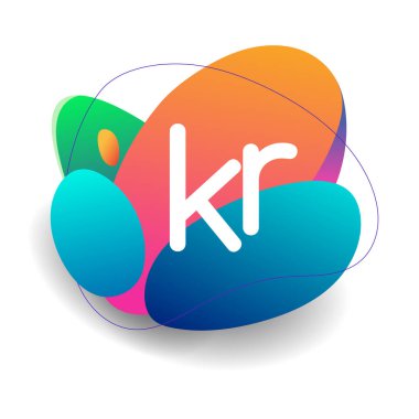 Renkli sıçrama arkaplanı olan KR logosu, yaratıcı endüstri, web, iş ve şirket için harf kombinasyonu tasarımı.