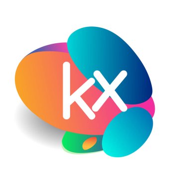 Renkli sıçrama arkaplanlı KX logosu, yaratıcı endüstri, web, iş ve şirket için harf kombinasyonu tasarımı.