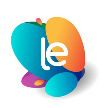Renkli sıçrama arkaplanı olan LE logosu, yaratıcı endüstri, web, iş ve şirket için harf kombinasyonu tasarımı.