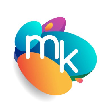 Renkli sıçrama arkaplanlı MK logosu, yaratıcı endüstri, web, iş ve şirket için harf kombinasyonu tasarımı.