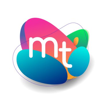 Renkli sıçrama arkaplanı olan MT logosu, yaratıcı endüstri, web, iş ve şirket için harf kombinasyonu tasarımı.