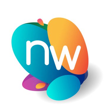 Renkli sıçrama arkaplanı olan NW harfi logosu, yaratıcı endüstri, web, iş ve şirket için harf kombinasyonu tasarımı.