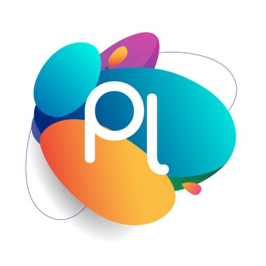 Renkli sıçrama arkaplanı olan PL logosu, yaratıcı endüstri, web, iş ve şirket için harf kombinasyonu tasarımı.