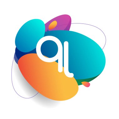Renkli sıçrama arkaplanı olan QL logosu, yaratıcı endüstri, web, iş ve şirket için harf kombinasyonu tasarımı.