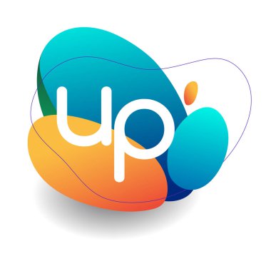 Renkli sıçrama arkaplanı olan UP harfi logosu, yaratıcı endüstri, web, iş ve şirket için harf kombinasyonu tasarımı.