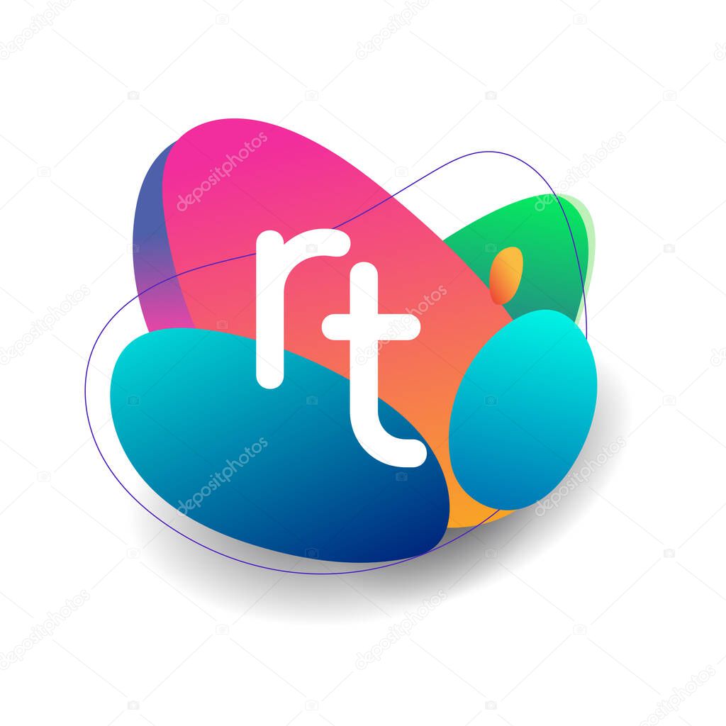 Letter RT logo with colorful splash background, letter combination logo design for creative industry, web, business and company.