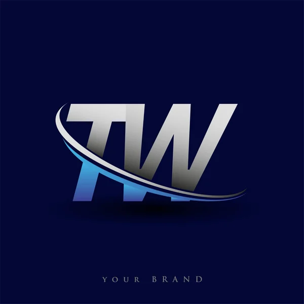 頭文字のTw型のロゴタイプ社名は青とグレーのスウッシュデザイン ビジネスと会社のアイデンティティのためのベクトルロゴ — ストックベクタ