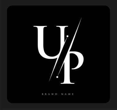 Şirketin adı siyah ve beyaz renk ve / renk tasarımı için ilk harf UP. İş ve şirket kimliği için vektör logosu.