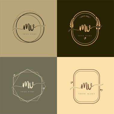 MV ilk el yazısı logo vektörü ayarları. El yazısı. Logo markası, kadın ve lüks logo tasarımı..