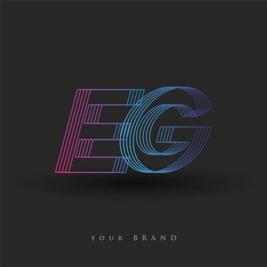 İlk harf logosu çizgili kompozisyonu olan mavi ve morumsu EG logosu, şirketiniz veya şirket kimliğiniz için vektör logo şablonu unsurları.