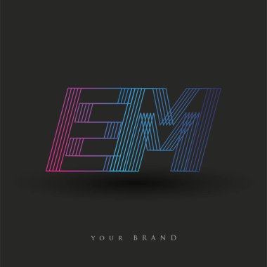 İlk harf EM logosu çizgili kompozisyonu olan mavi ve morumsu EM logosu, şirketiniz veya şirket kimliğiniz için vektör logo şablonu unsurları.