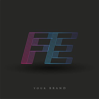 İlk harf FE logosu çizgili kompozisyona sahip mavi ve morumsu mavi renkte, şirketiniz veya şirket kimliğiniz için vektör logosu şablon unsurları.