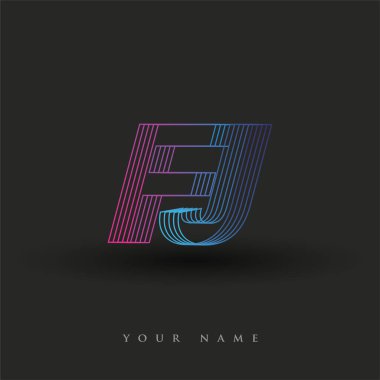 İlk harf logosu FJ çizgili kompozisyon ile mavi ve morumsu renklendirilmiş, şirketiniz veya şirket kimliğiniz için vektör logo şablonu unsurları tasarladı.