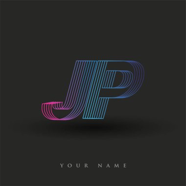 İlk harf logosu JP çizgili kompozisyon ile mavi ve morumsu renklendirilmiş, şirketiniz veya şirket kimliğiniz için vektör logo şablonu unsurları.