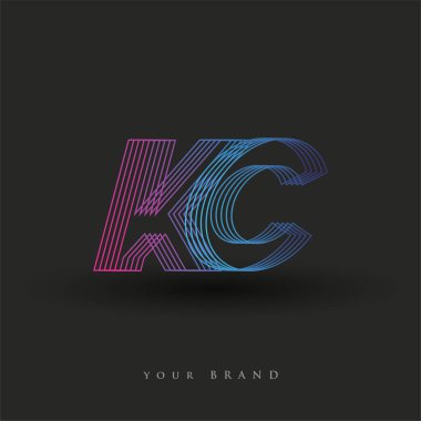 İlk harf logosu KC çizgili kompozisyon ile mavi ve morumsu renklendirilmiş, şirketiniz veya şirket kimliğiniz için vektör logo şablonu unsurları.