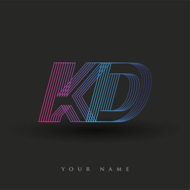 İlk harf logosu KD çizgili kompozisyon ile mavi ve morumsu renklendirilmiş, şirketiniz veya şirket kimliğiniz için vektör logo şablonu unsurları.