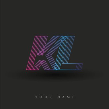 İlk harf logosu KL çizgili kompozisyon ile mavi ve morumsu renklendirilmiş, şirketiniz veya şirket kimliğiniz için vektör logo şablonu unsurları.