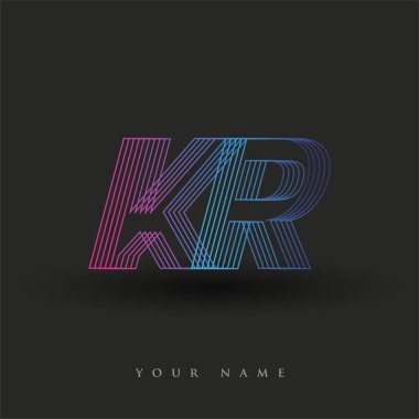 İlk harf logosu KR çizgili kompozisyon ile mavi ve morumsu renklendirilmiş, şirketiniz veya şirket kimliğiniz için vektör logo şablonu unsurları.