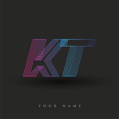 İlk harf logosu KT çizgili kompozisyon ile mavi ve morumsu renklendirilmiş, şirketiniz veya şirket kimliğiniz için vektör logo şablonu unsurları.