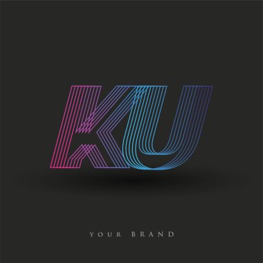 İlk harf logosu KU çizgili kompozisyon ile mavi ve morumsu renklendirilmiş, şirketiniz veya şirket kimliğiniz için vektör logo şablonu unsurları.