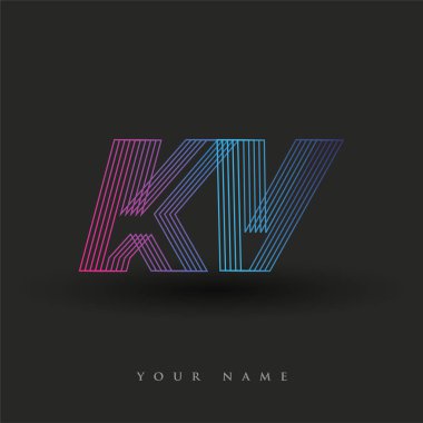 İlk harf logosu KV çizgili kompozisyon ile mavi ve morumsu renklendirilmiş, şirketiniz veya şirket kimliğiniz için vektör logo şablonu unsurları.