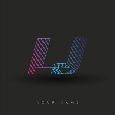 İlk harf logosu LJ çizgili kompozisyon ile mavi ve morumsu renklendirilmiş, şirketiniz veya şirket kimliğiniz için vektör logo şablonu unsurları.