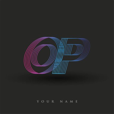 İlk harf logosu, çizgili kompozisyona sahip mavi ve mor renkli OP, şirketiniz veya şirket kimliğiniz için vektör logo tasarım şablonu unsurları.