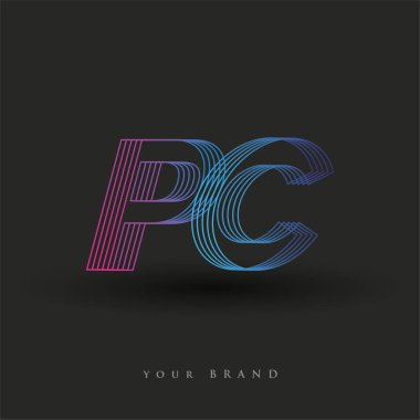 İlk harf logosu çizgili kompozisyona sahip mavi ve mor renkli PC, şirketiniz veya şirket kimliğiniz için vektör logosu şablon elemanları.