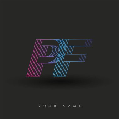 İlk harf logosu PF çizgili kompozisyona sahip mavi ve morumsu renklendirilmiş, şirketiniz veya şirket kimliğiniz için vektör logo şablonu unsurları.