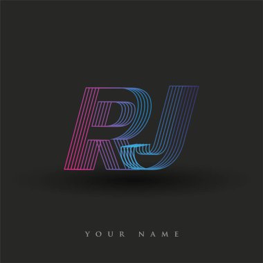 İlk harf logosu RJ çizgili kompozisyon ile mavi ve morumsu renklendirilmiş, şirketiniz veya şirket kimliğiniz için vektör logo şablonu unsurları.