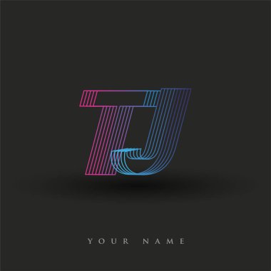 İlk harf logosu TJ çizgili kompozisyon ile mavi ve morumsu renklendirilmiş, şirketiniz veya şirket kimliğiniz için vektör logo şablonu unsurları.