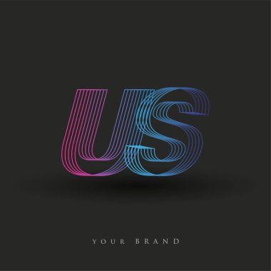 İlk harf logosu çizgili kompozisyonu olan mavi ve mor renkli ABD logosu, şirketiniz veya şirket kimliğiniz için vektör logosu şablonu unsurları.