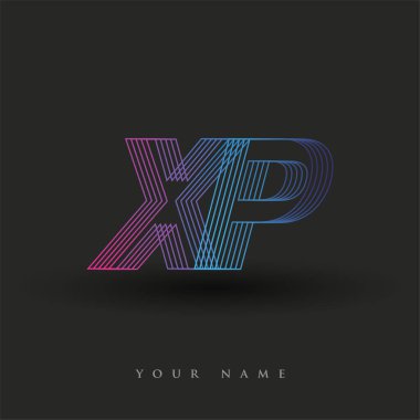 İlk harf logosu XP çizgili kompozisyona sahip mavi ve morumsu renkli, şirket veya şirket kimliğiniz için vektör logosu şablon elemanları.
