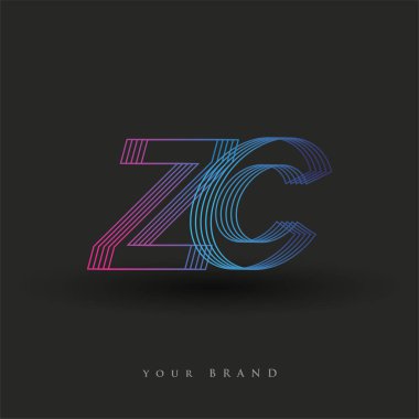 İlk harf logosu ZC çizgili kompozisyona sahip mavi ve morumsu renkli, şirket veya şirket kimliğiniz için vektör logosu şablon elemanları.