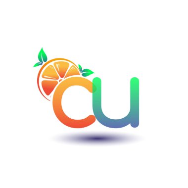 İlk harf CU logotype turuncu ve yeşil renk, taze meyve dükkanı için ilk logo veya taze meyve veya doğa ile ilgili herhangi bir şirket, vektör çizimi.