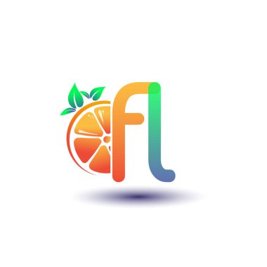 İlk harf FL logotype turuncu ve yeşil renk, taze meyve dükkanı için ilk logo veya taze meyve veya doğa ile ilgili herhangi bir şirket, vektör çizimi.