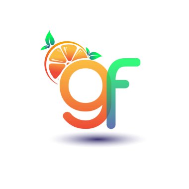 İlk harf GF logotype turuncu ve yeşil renk, taze meyve dükkanı için ilk logo veya taze meyve veya doğa ile ilgili herhangi bir şirket, vektör çizimi.