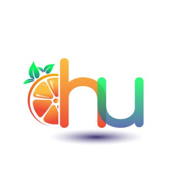 İlk harf HU logotype turuncu ve yeşil renk, taze meyve dükkanı için ilk logo veya taze meyve veya doğa ile ilgili herhangi bir şirket, vektör çizimi.