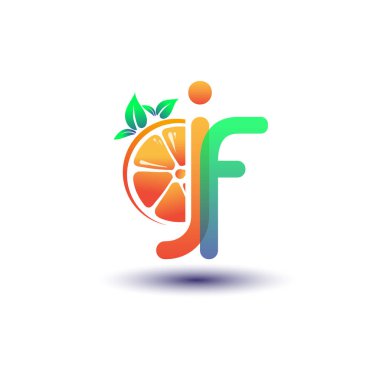 İlk harf JF logotype turuncu ve yeşil renk, taze meyve dükkanı için ilk logo veya taze meyve veya doğa ile ilgili herhangi bir şirket, vektör çizimi.