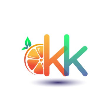 KK logoti turuncu ve yeşil renkli ilk harf, taze meyve dükkanı için ilk logo veya taze meyve veya doğa ile ilgili herhangi bir şirket, vektör illüstrasyonu.